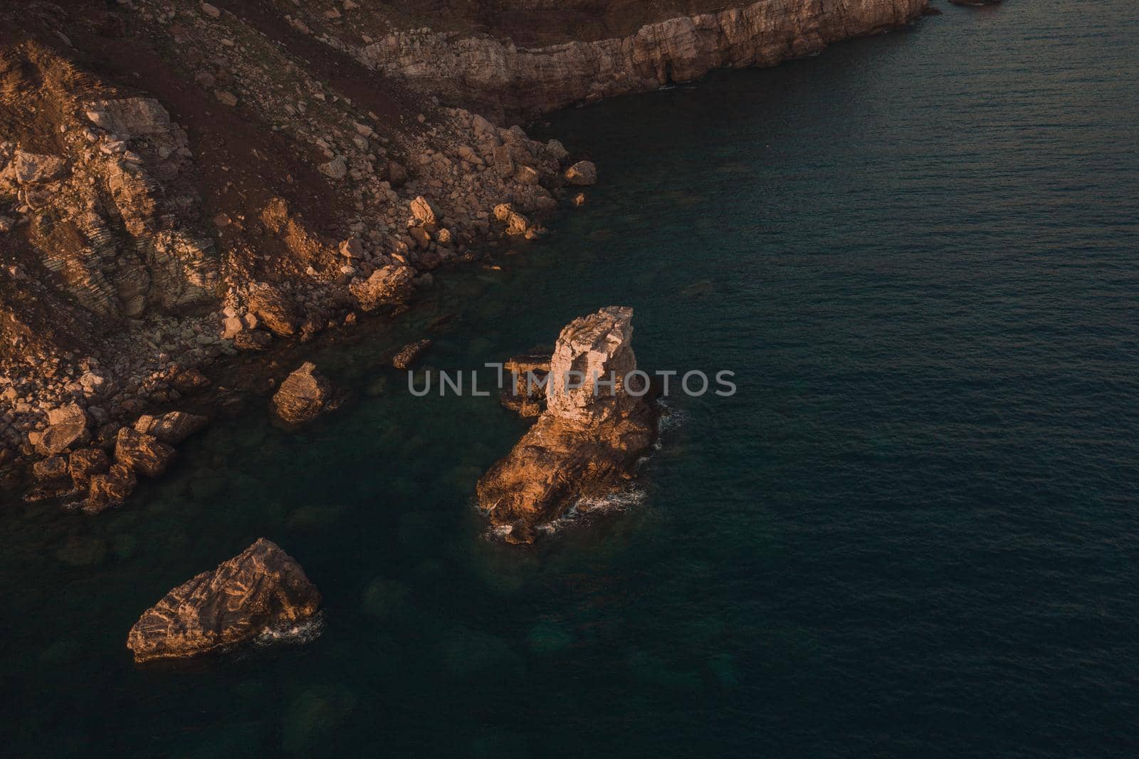 Aerial top evening view drone above Adriatic sea in Montenegro. panoramic marine mountain sunset by AndriiDrachuk