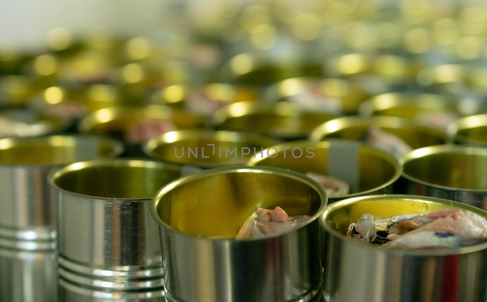 Canned fish factory. Food industry.  Many can of sardines on a conveyor belt. Sardines in tinned cans at food factory. Food processing production line. Food manufacturing industry. Cans industry.