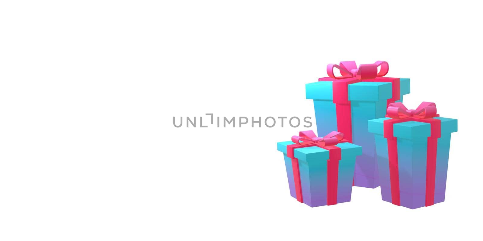 3d illustration of a set of gift boxes with a gradient. With a pink bow on a white background. Blue and pink gift box. White background. by MarinaM