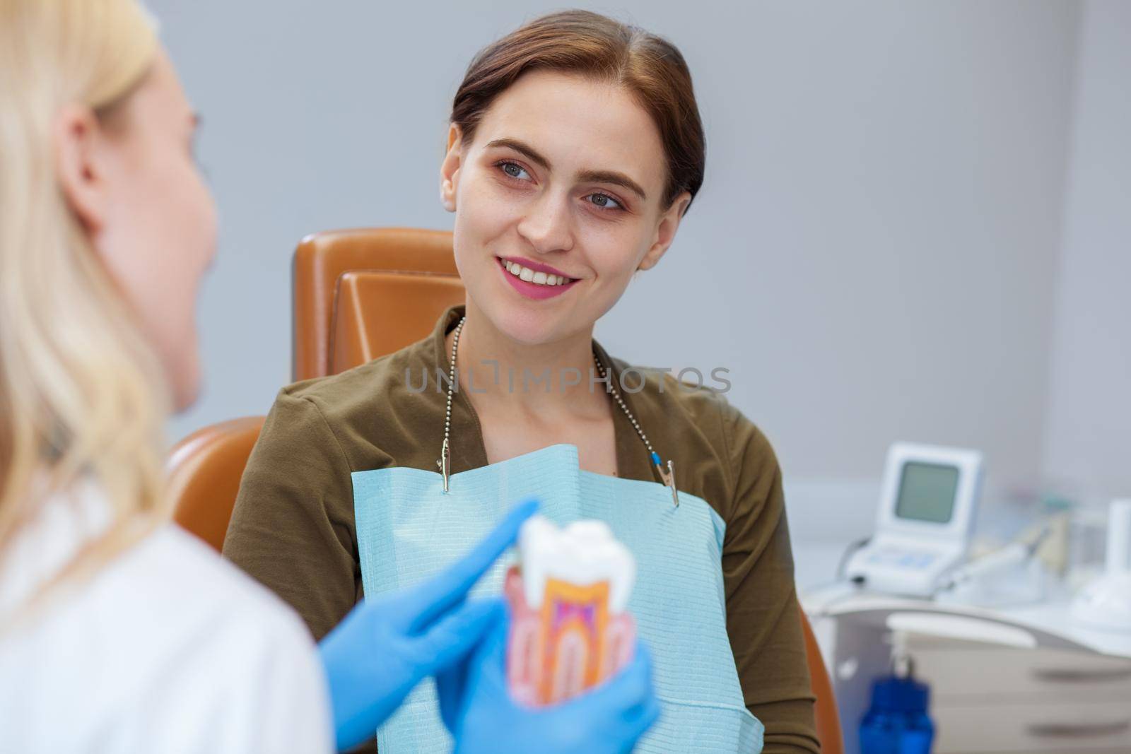 Attractive female patient talking to her dentist at the clinic, copy space. Professional dentist explaining her female client something, holding tooth mold. Communication, trust, healthcare concept.