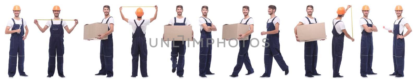 panoramic collage of skilled handyman isolated on white background.