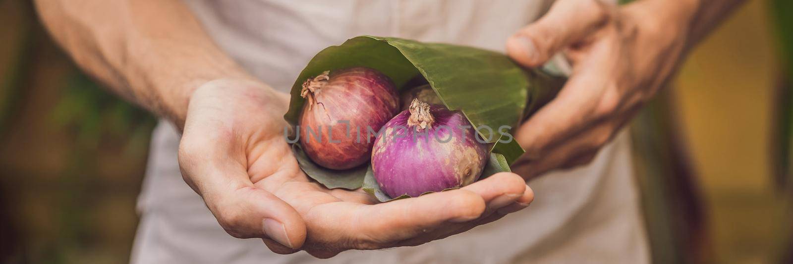 BANNER, LONG FORMAT Eco-friendly product packaging concept. Onion wrapped in a banana leaf, as an alternative to a plastic bag. Zero waste concept. Alternative packaging.