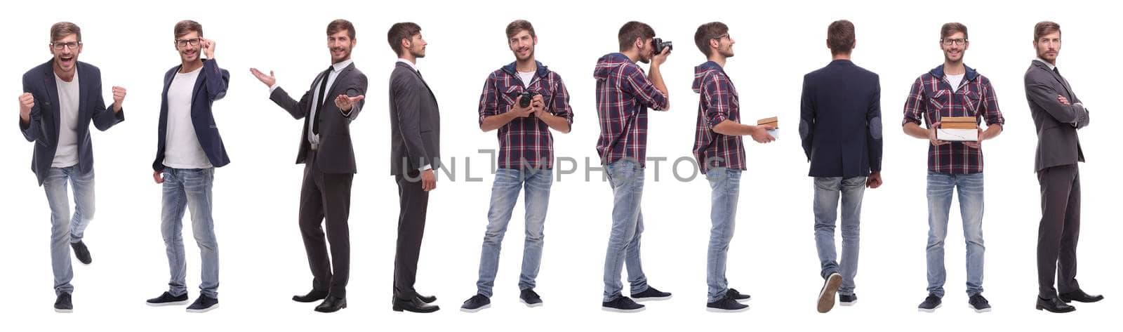 panoramic collage of self-motivated young man .isolated on white background