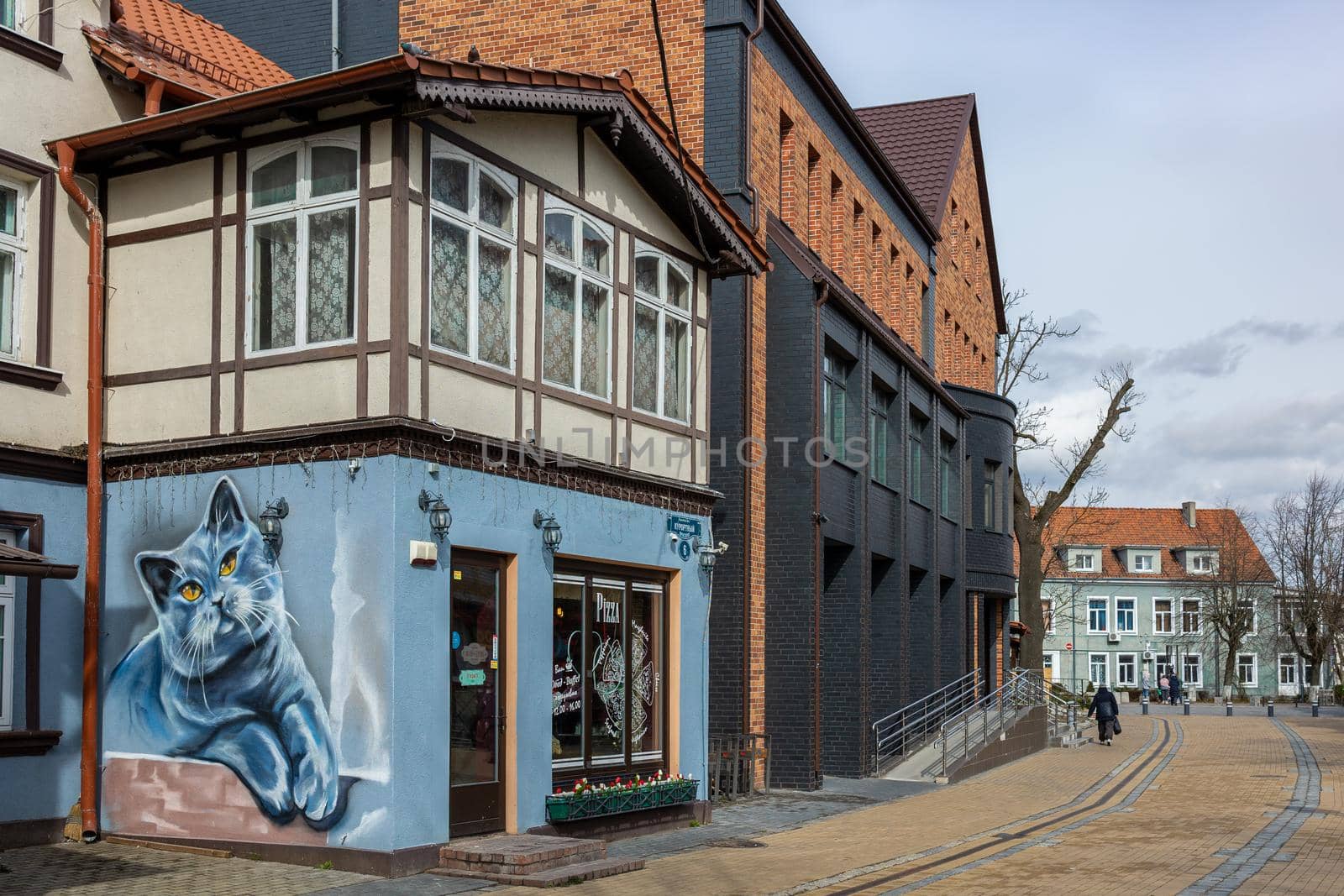Zelenogradsk, Kaliningrad region, Russia - april 04 2022: An old European house with a large drawing with a blue cat on the wall.