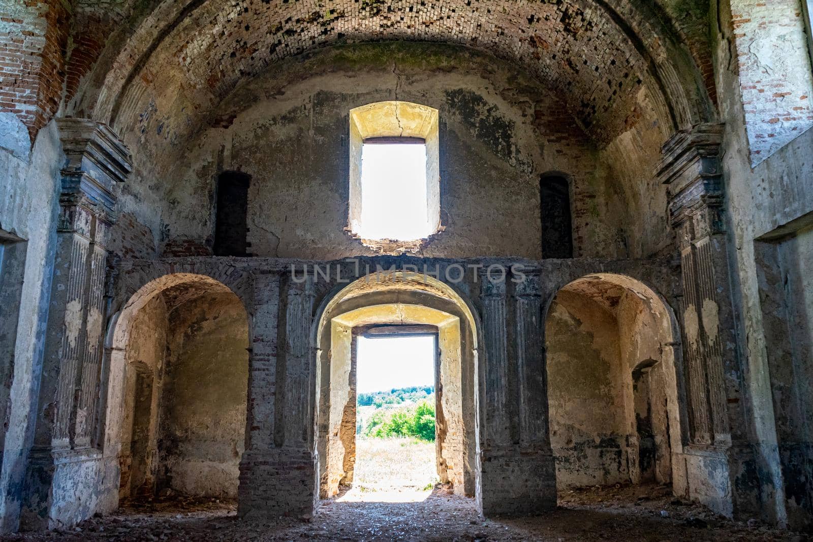 Interior of the ancient destroyed temple. Abandoned building of an ancient temple.