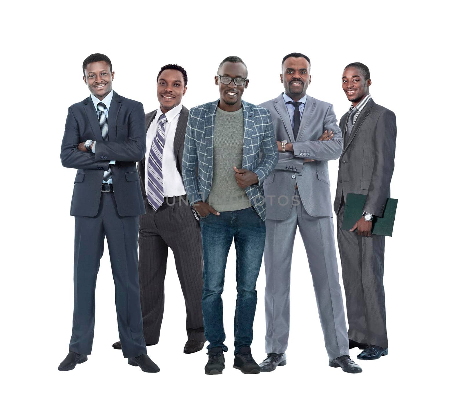 in full growth.leader standing in front of his business team. isolated on white background