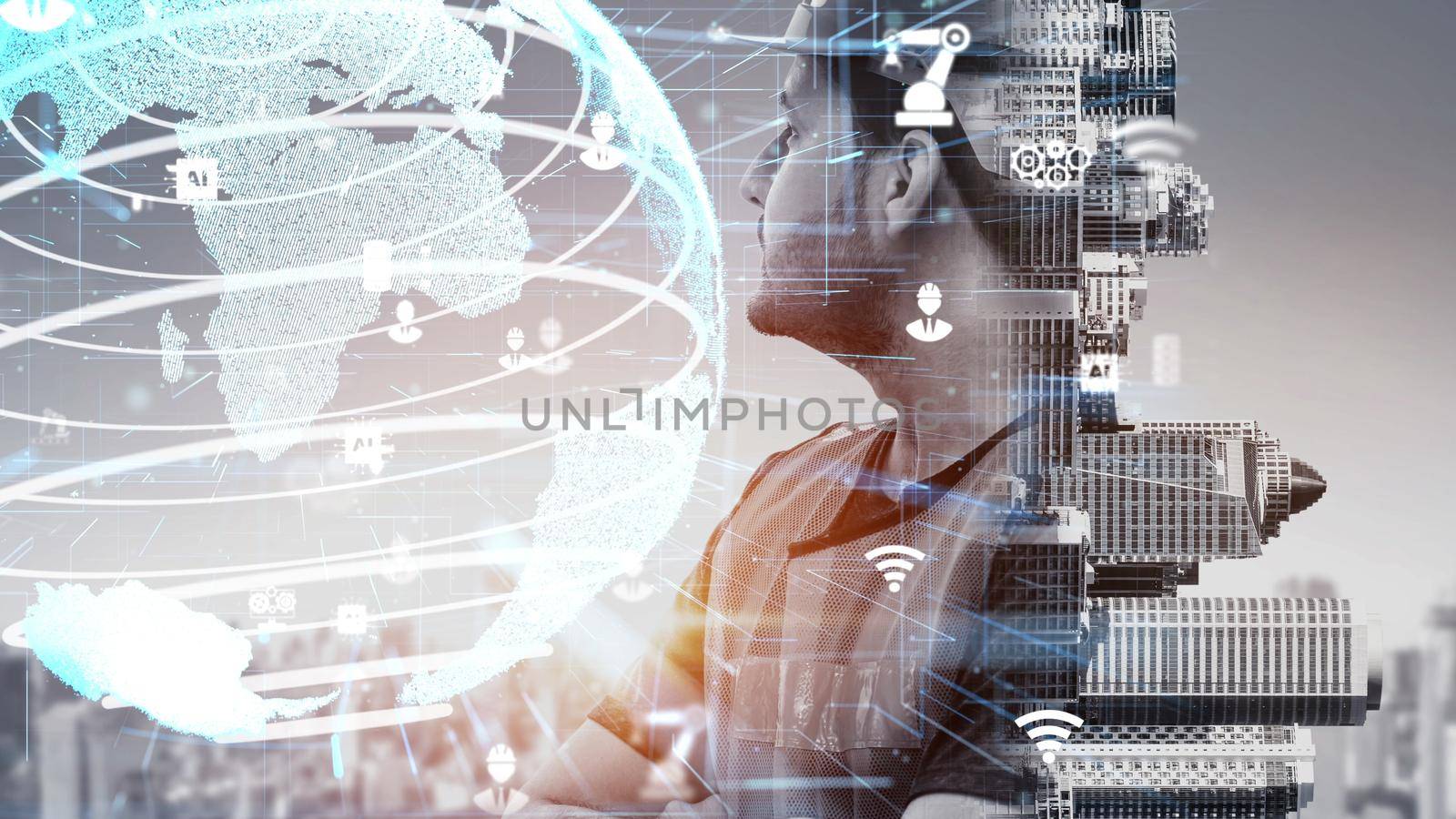 Future building construction and inventive engineering project concept with HUD hologram graphic design. Building engineer, architect people or construction worker works with modern civil technology.