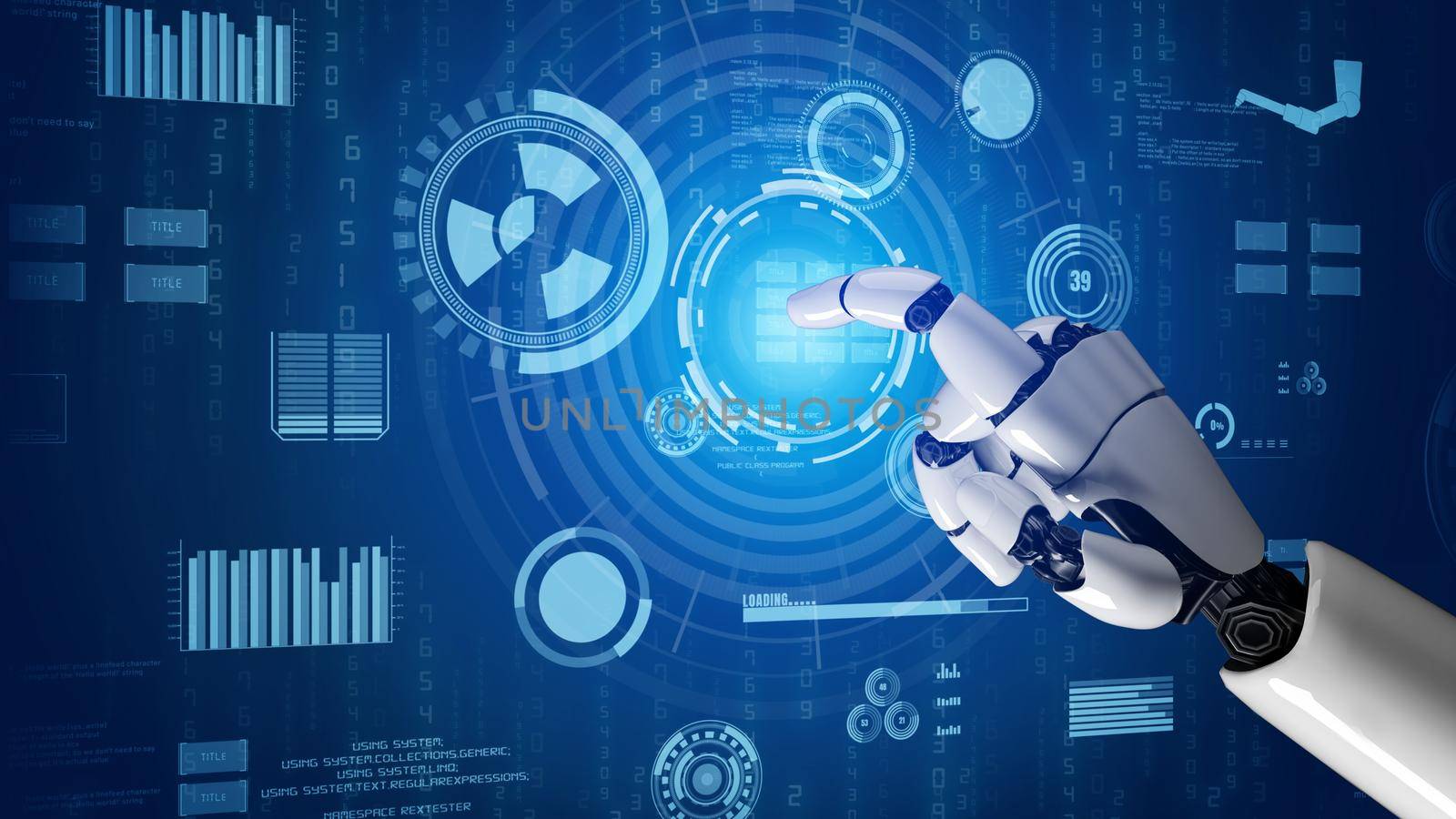 Futuristic robot artificial intelligence revolutionary AI technology development and machine learning concept. Global robotic bionic science research for future of human life. 3D rendering graphic.