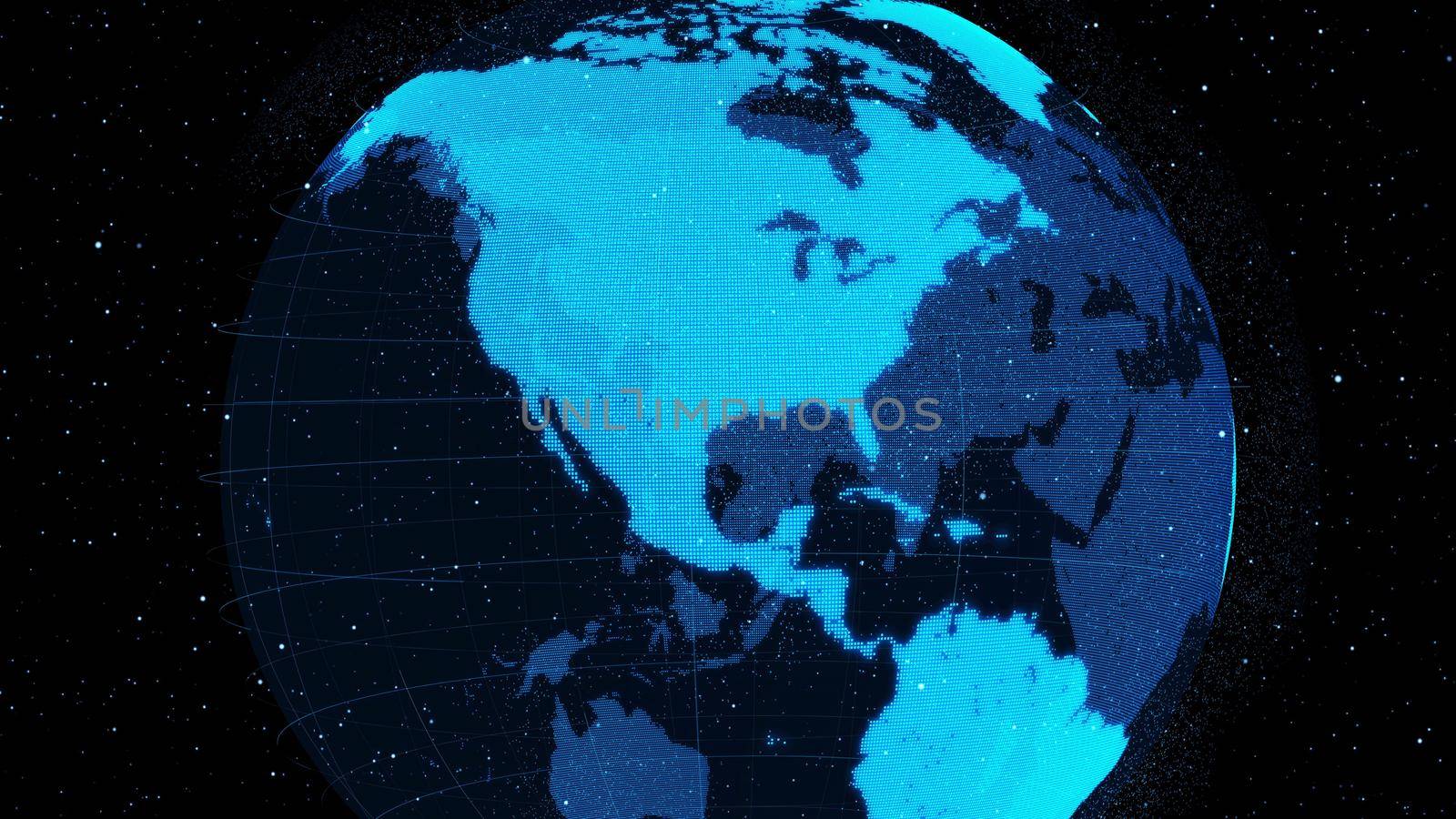 3D Digital orbital earth in cyberspace showing concept of network technology . Hologram of globe sphere graphic connect to internet presents global communication and connection network . 3D render .