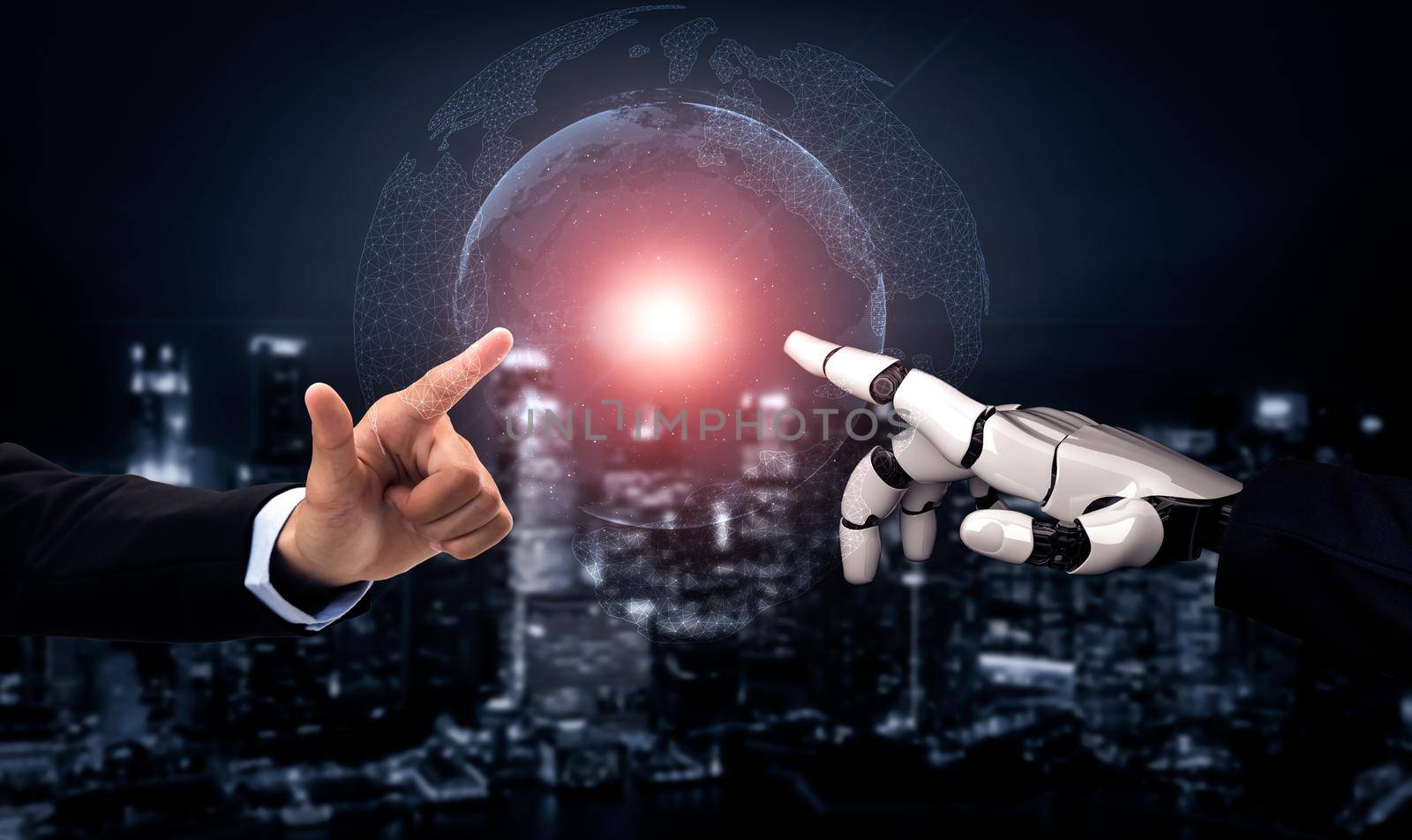 3D rendering artificial intelligence AI research of droid robot and cyborg development for future of people living. Digital data mining and machine learning technology design for computer brain.