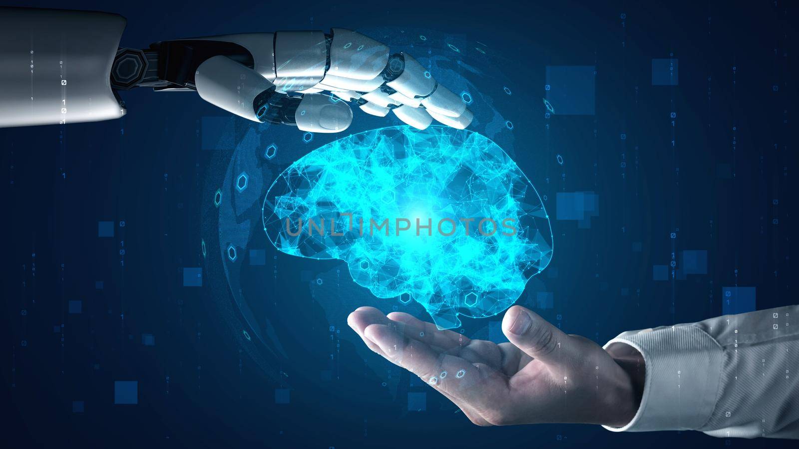 Futuristic robot artificial intelligence enlightening AI technology development and machine learning concept. Global robotic bionic science research for future of human life. 3D rendering graphic.