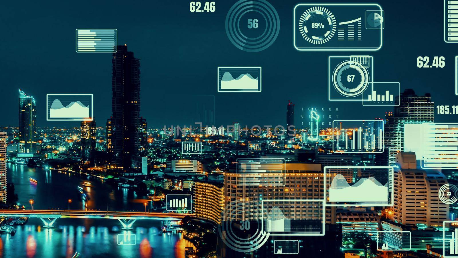 Business data analytic interface fly over smart city showing alteration future of business intelligence. Computer software and artificial intelligence are used to analyze big data for strategic plan .