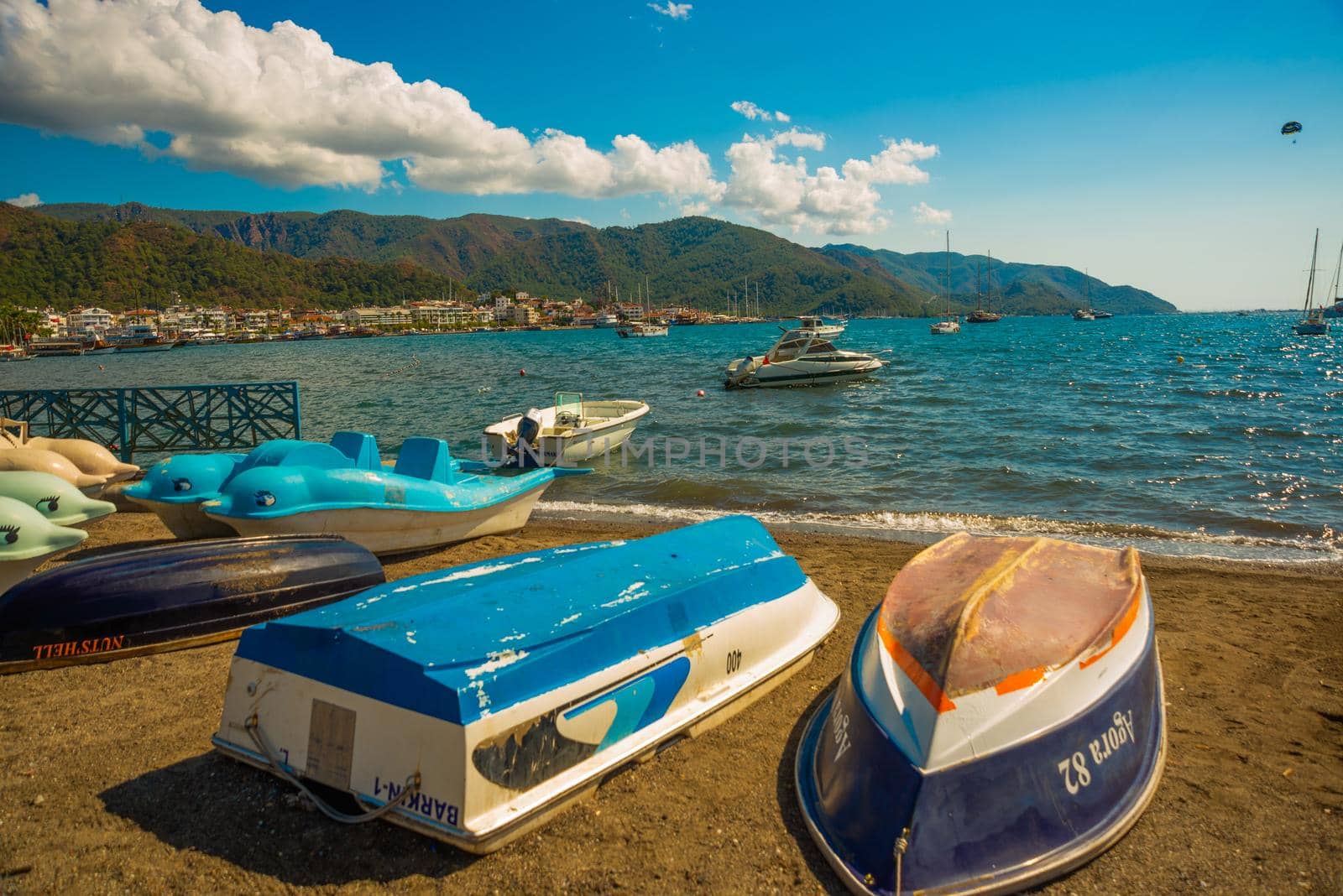 MARMARIS, MUGLA, TURKEY: Beautiful landscape with views of the beach, the Mediterranean sea and the mountains on a sunny day in the Turkish city of Marmaris.