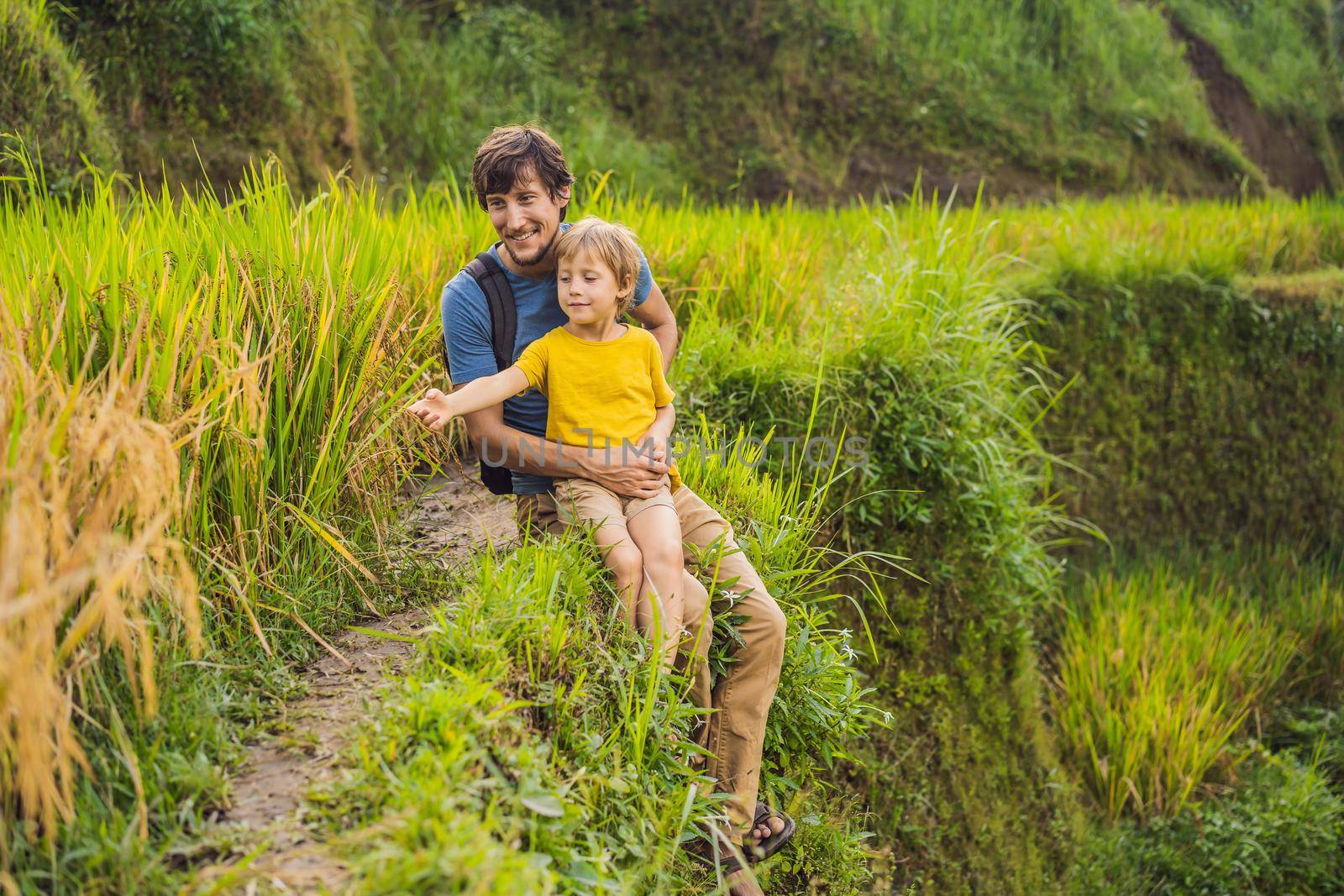 Dad and son travelers on Beautiful Rice Terraces against the background of famous volcanoes in Bali, Indonesia Traveling with children concept.