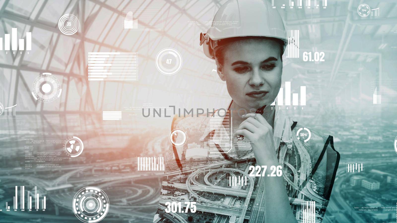 Future building construction and inventive engineering project concept with HUD hologram graphic design. Building engineer, architect people or construction worker works with modern civil technology.