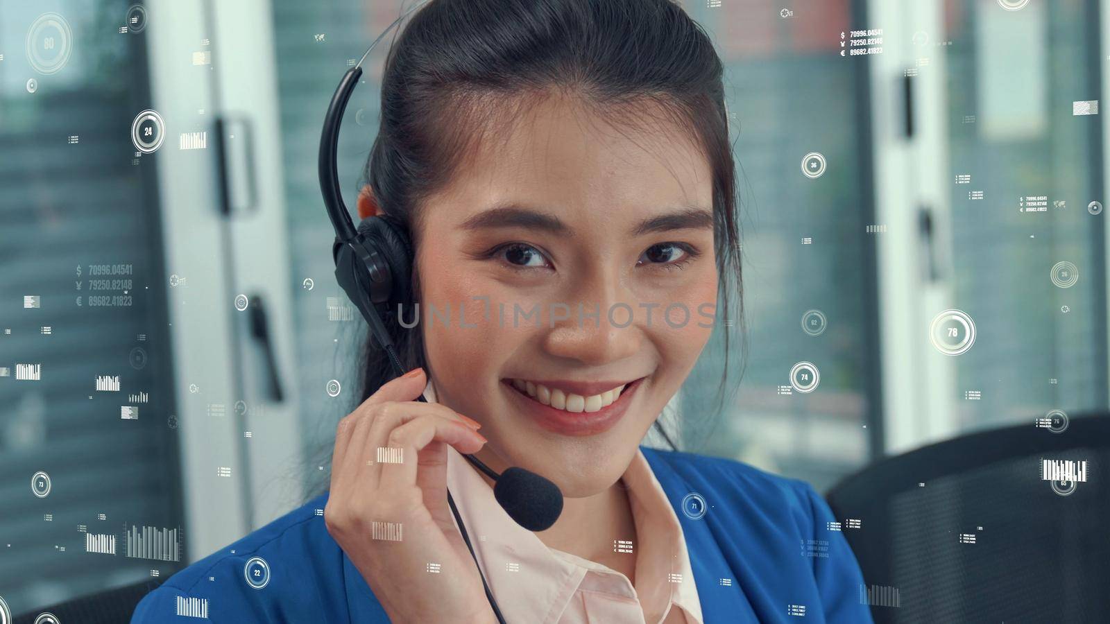 Customer support call center provide data with envisional graphic . Business and communication technology concept .