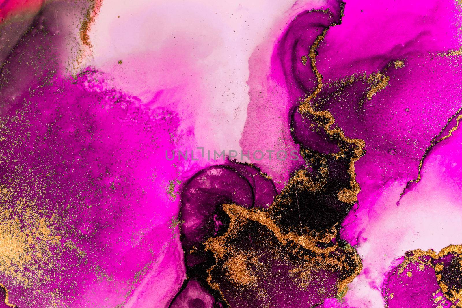 Pink gold abstract background of marble liquid ink art painting on paper . by biancoblue