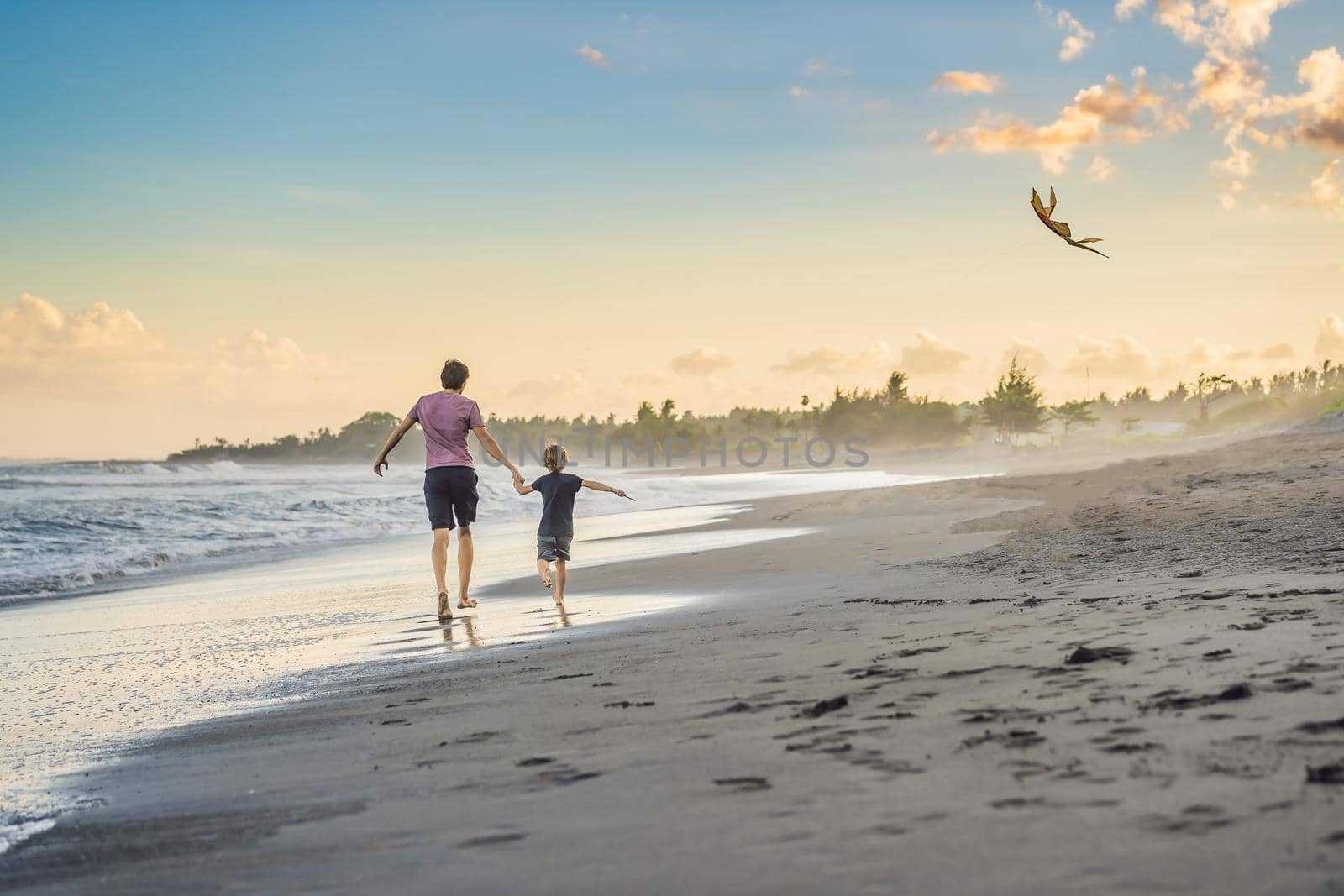 Young father and his son running with kite on the beach.