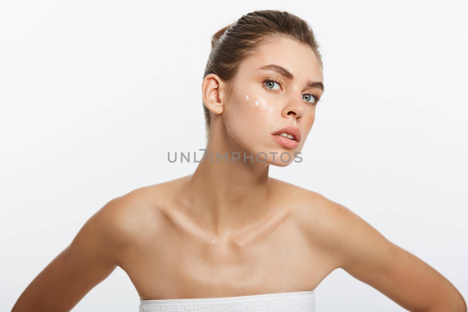 beauty girl of caucasian woman checks her skin, skin care, acne treatment.