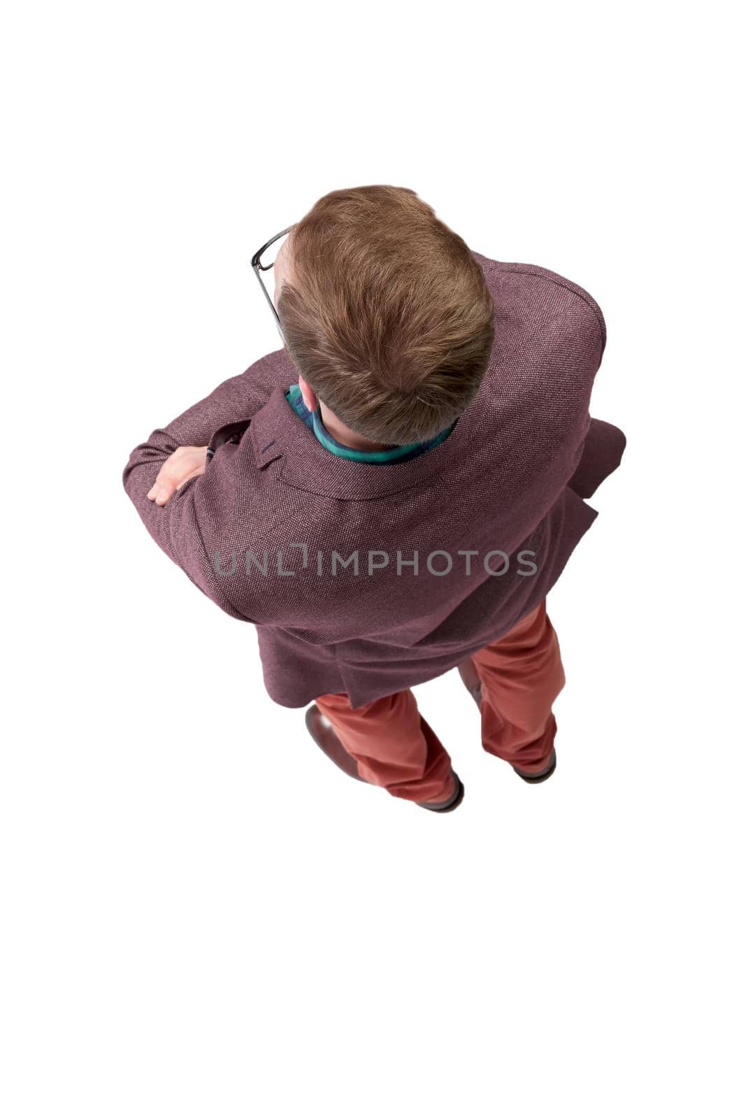 top view. confident young man looking forward . isolated on white background