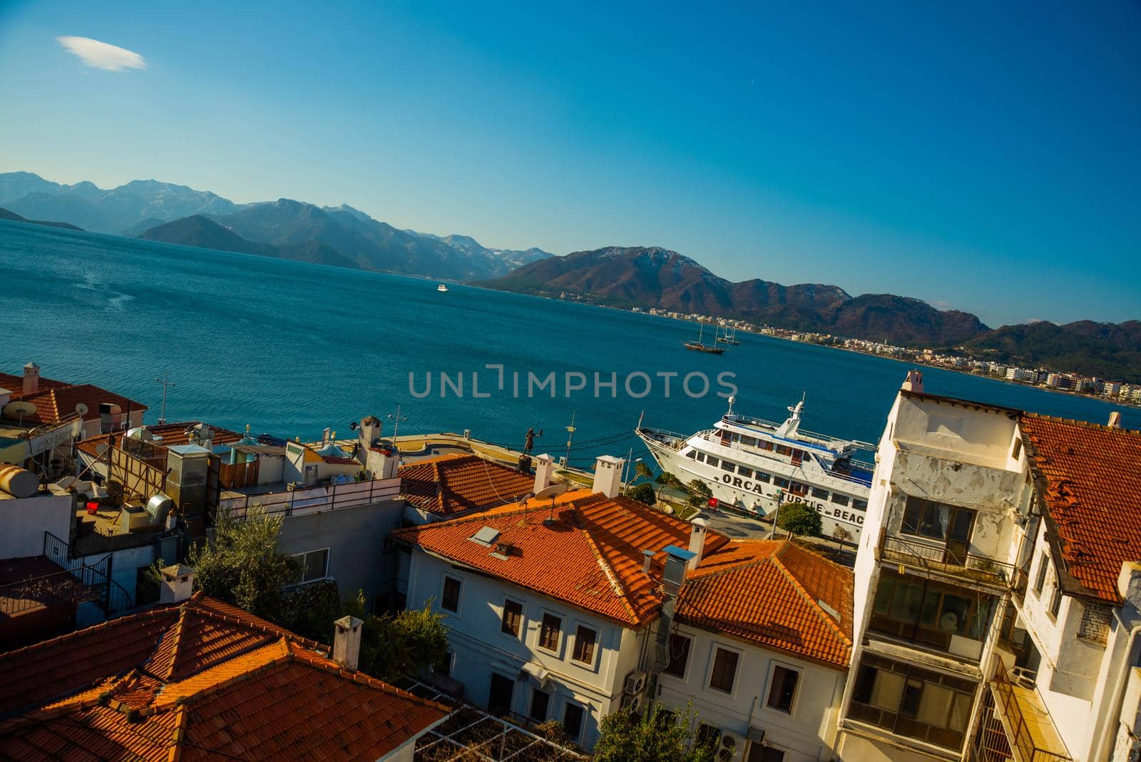 MARMARIS, MUGLA, TURKEY: Beautiful landscape with top view of the city of Marmaris. View from Marmaris Fortress on a sunny day.