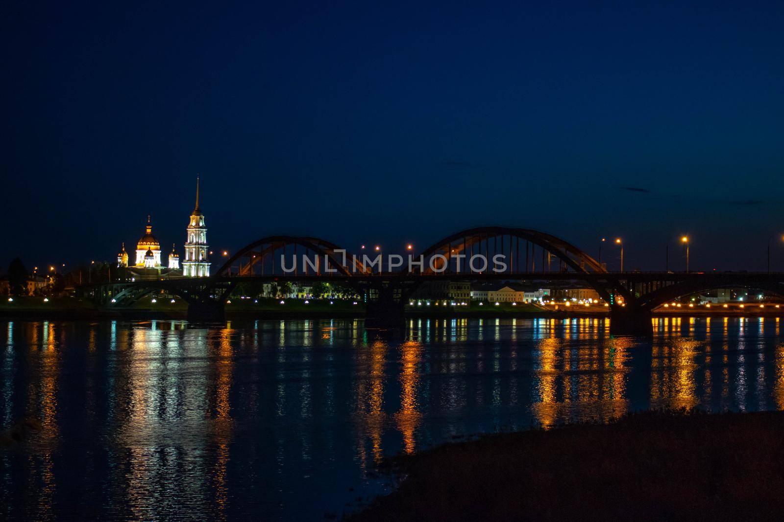 Bridge across the river at night in Rybinsk Russia.sky