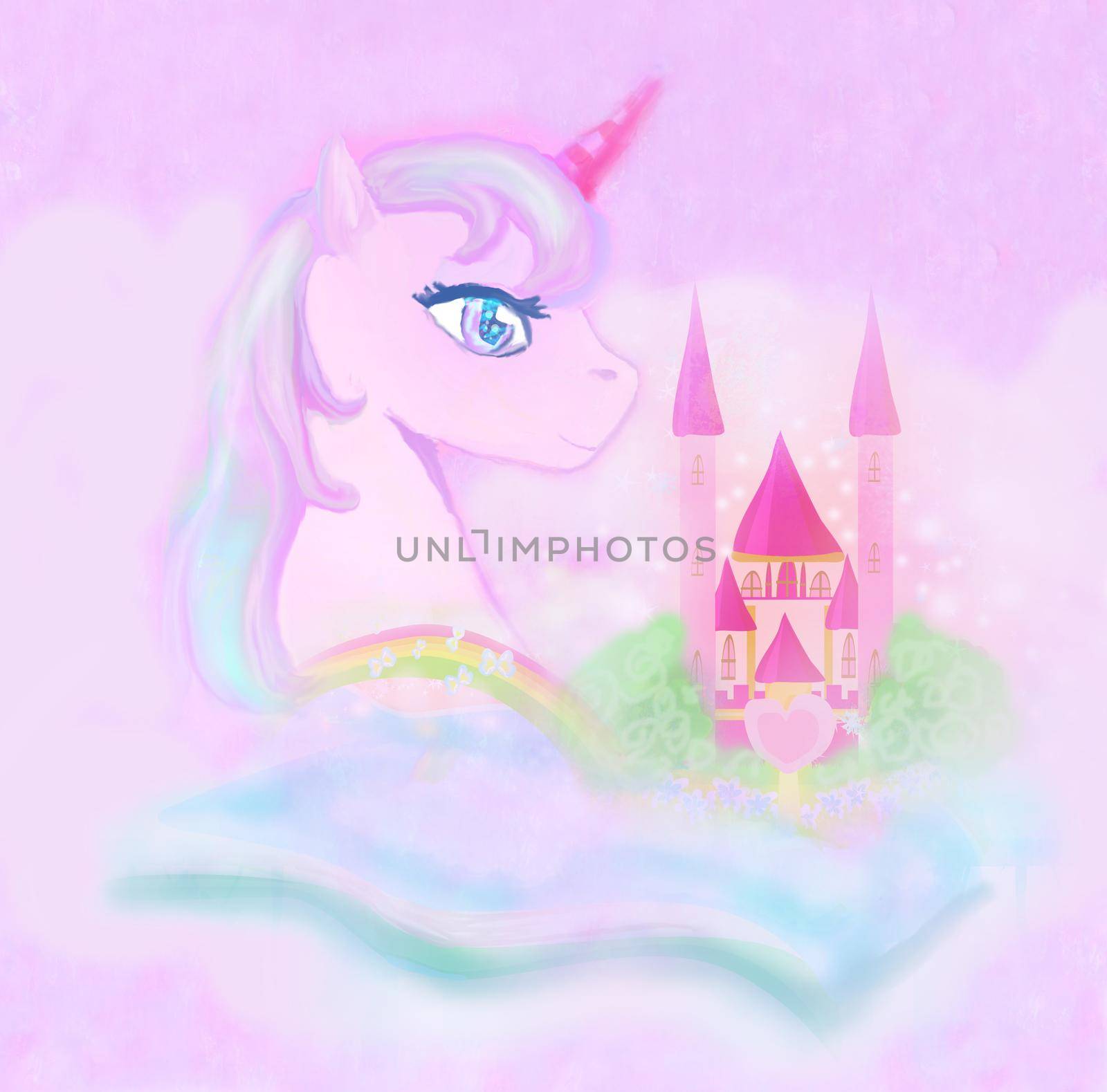 cute unicorn rainbow and fairy-tale princess castle by JackyBrown