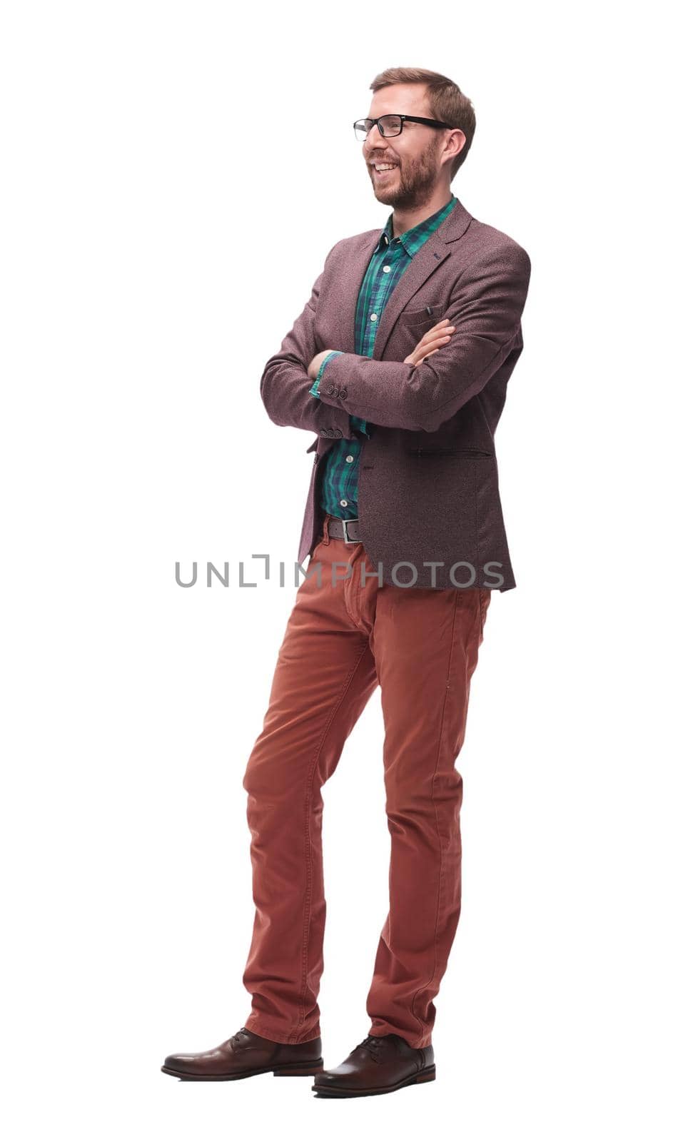 in full growth. confident man looking at copy space . isolated on white background