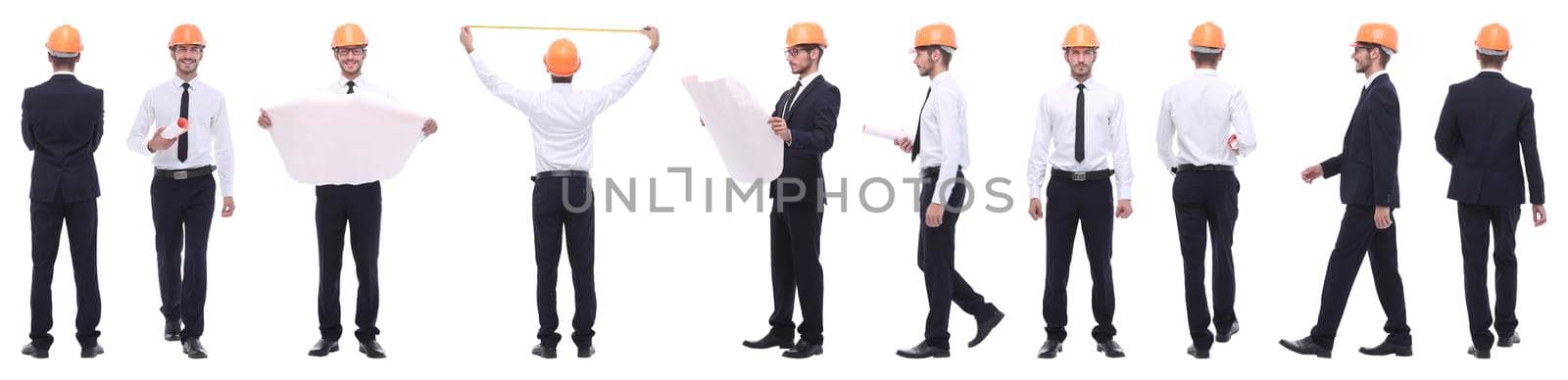 panoramic photo collage of confident architect isolated on white background