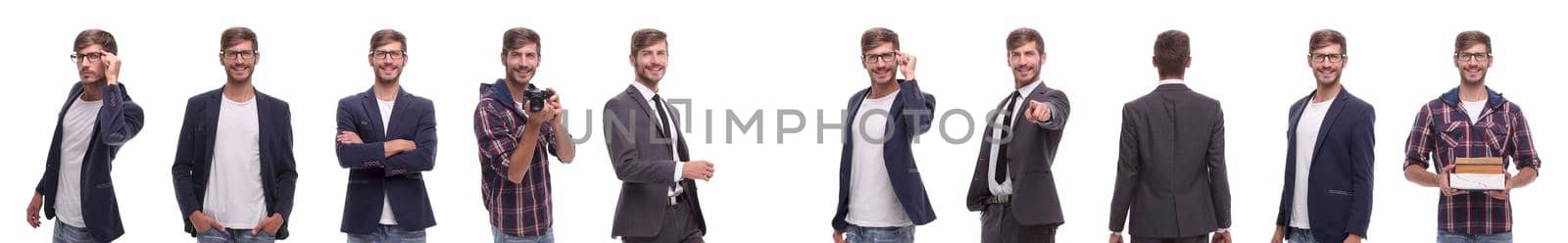 panoramic collage of self-motivated young man .isolated on white background