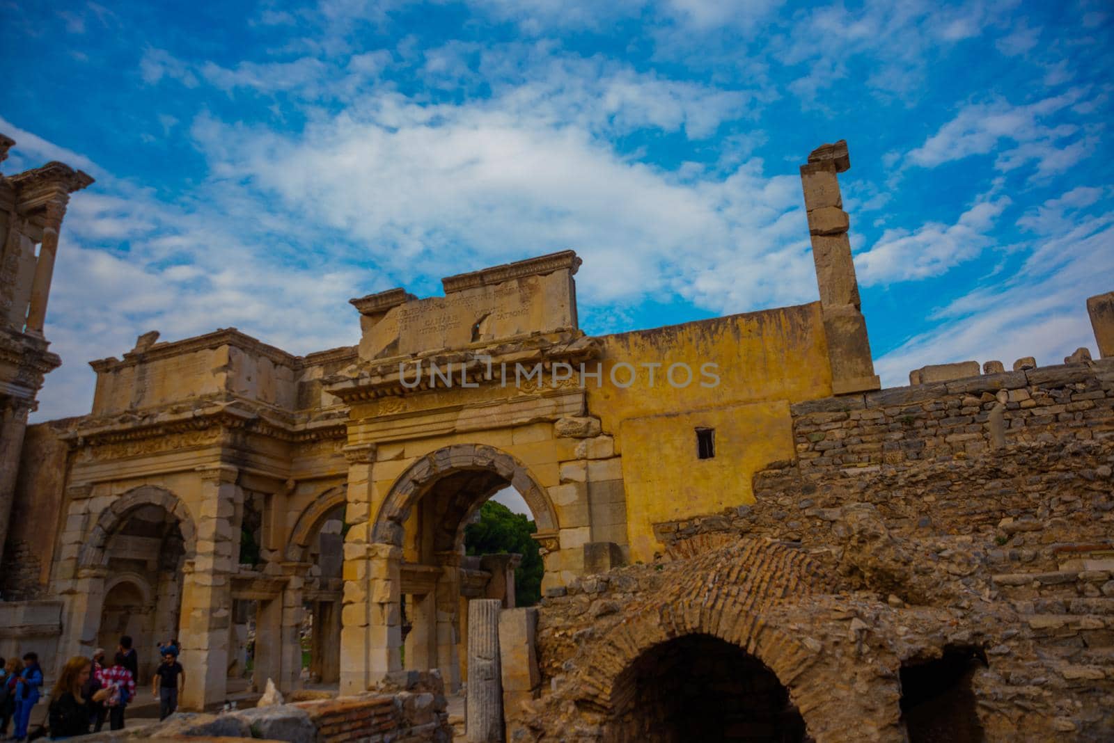 EPHESUS, SELCUK, IZMIR, TURKEY: Details of Mazeus and Mithridates Gate in Ephesus Ancient City. Ephesus was a city in the southwest of present-day Selcuk in Izmir Province, Turkey.