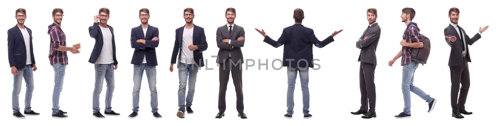 panoramic collage of self-motivated young man .isolated on white background