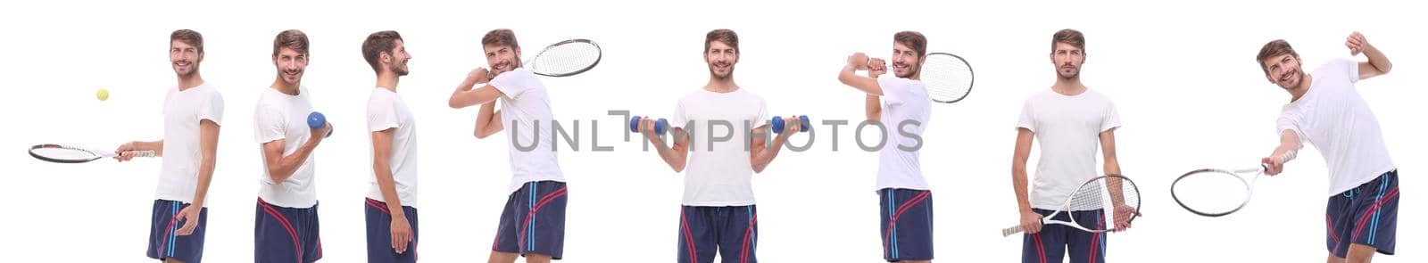 panoramic collage of male handyman isolated on white background.