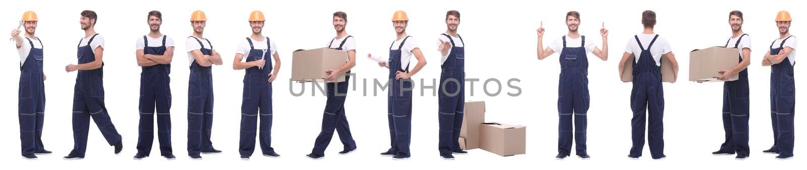 panoramic collage of skilled handyman isolated on white background.
