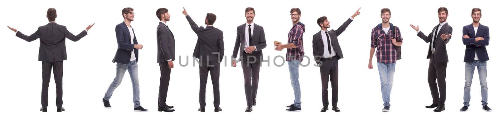 panoramic collage of self-motivated young man .isolated on white background