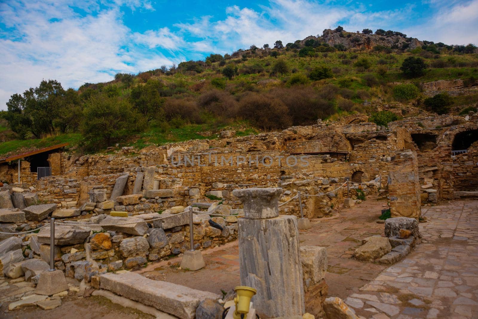 EPHESUS, SELCUK, IZMIR, TURKEY: Ruins on the street of the ancient city of Ephesus in the Turkish city of Selcuk, Izmir province.