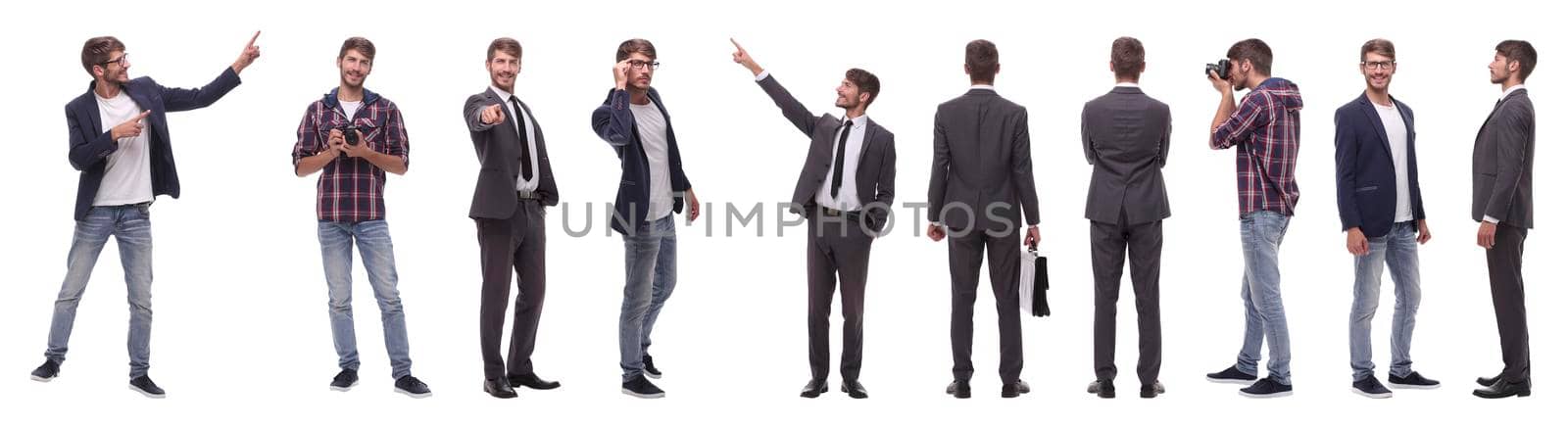 panoramic collage of self-motivated young man .isolated on white by asdf