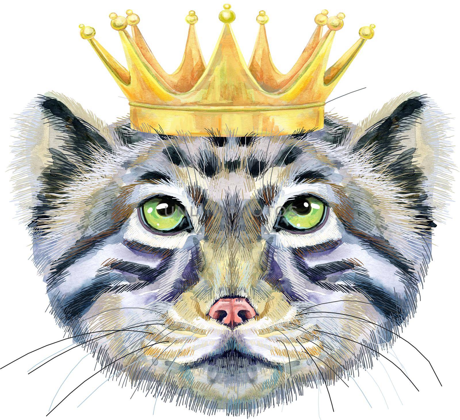 Watercolor portrait of a Manul Cat in golden crown on white background by NataOmsk