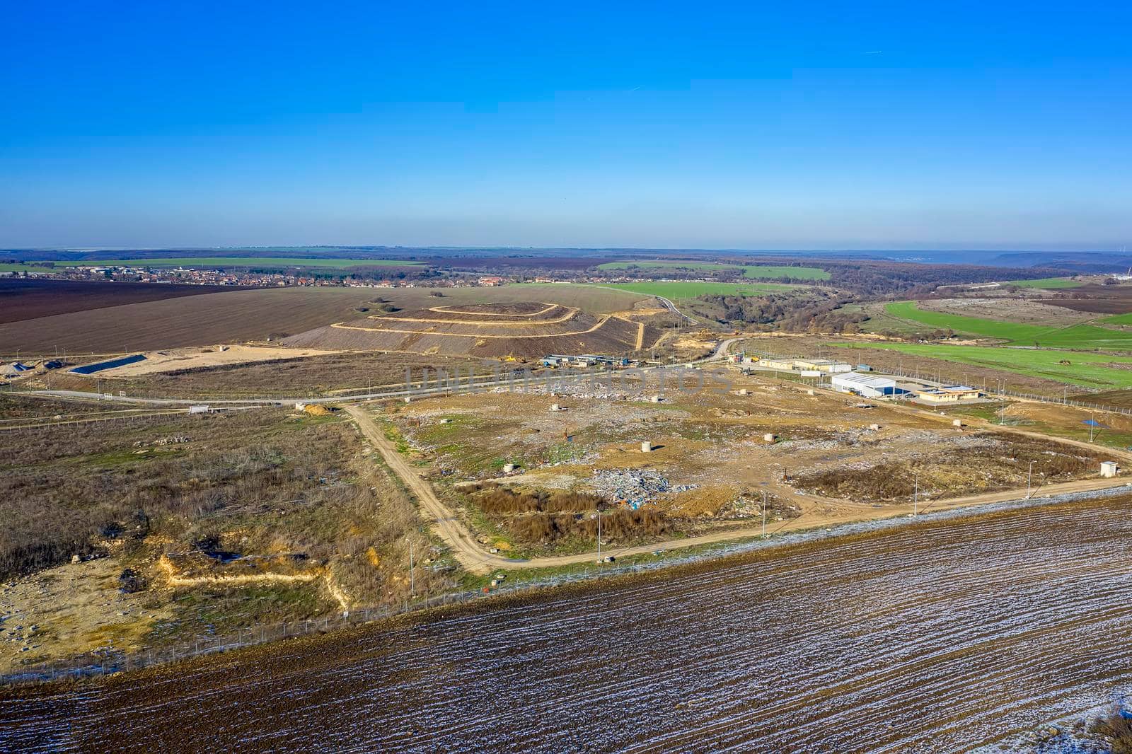 Aerial top view from drone of a city garbage dump. Waste Disposal Facility