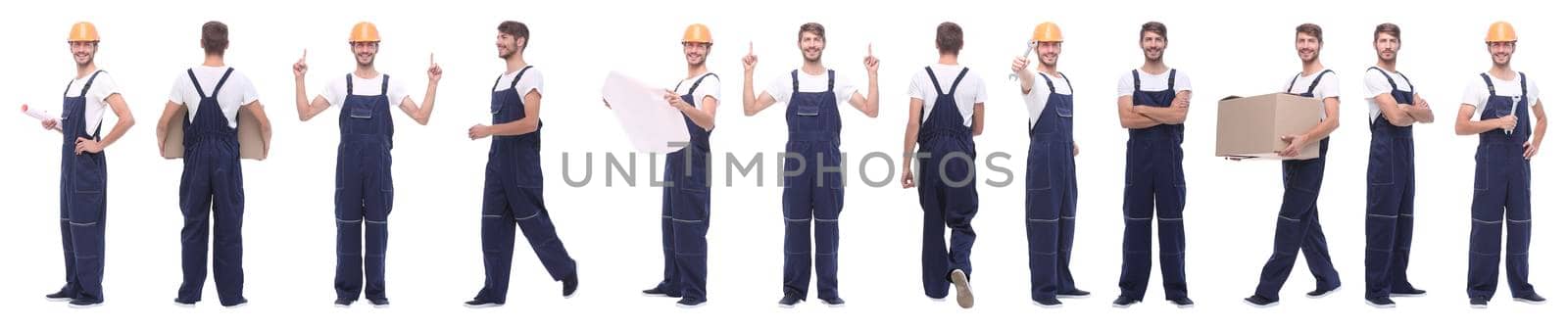 panoramic collage of skilled handyman isolated on white background.