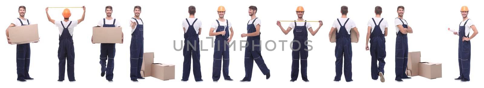 panoramic collage of skilled handyman isolated on white background.