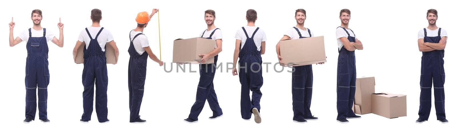 in full growth. skilled handyman isolated on white. photo collage