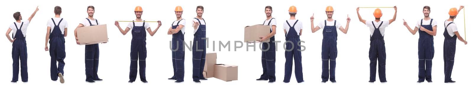 panoramic collage of skilled handyman isolated on white background.