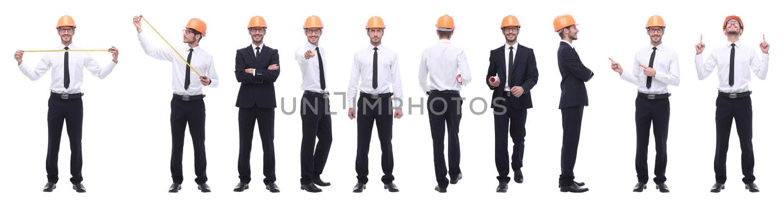 panoramic photo collage of confident architect isolated on white background