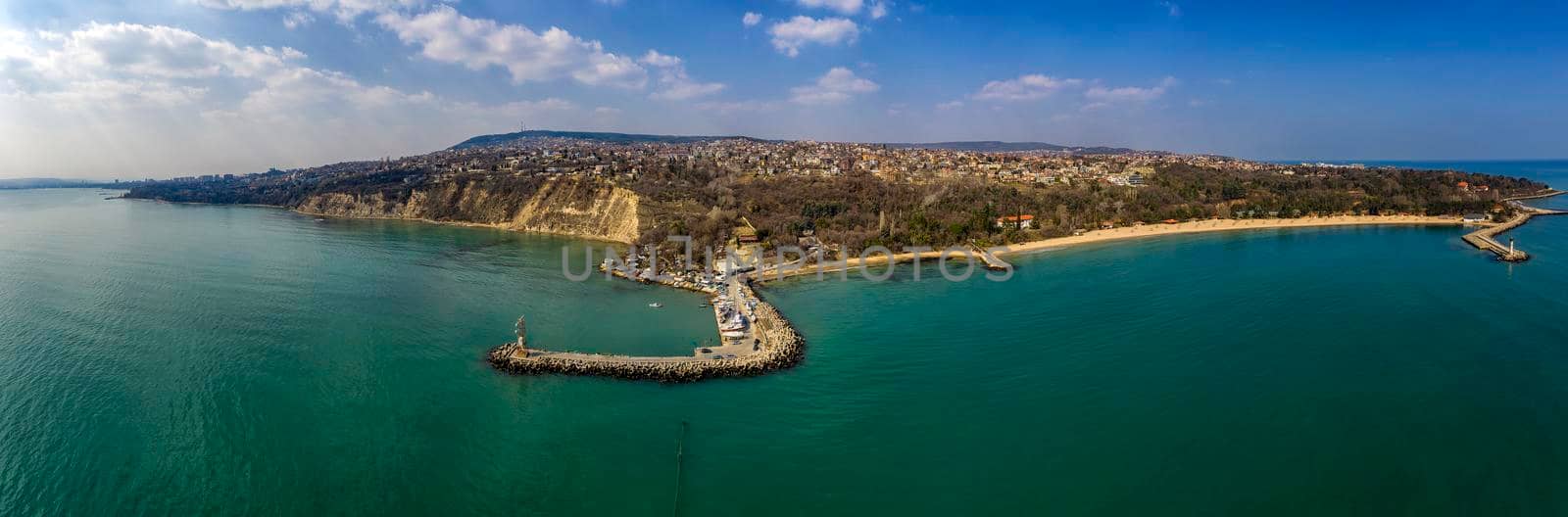 Aerial view from drone of coastline with breakwater  near Varna city, Bulgaria. High resolution