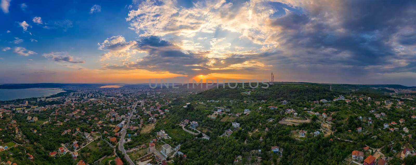 Stunning aerial panoramic view of sunset over the city Varna, Bulgaria.  by EdVal