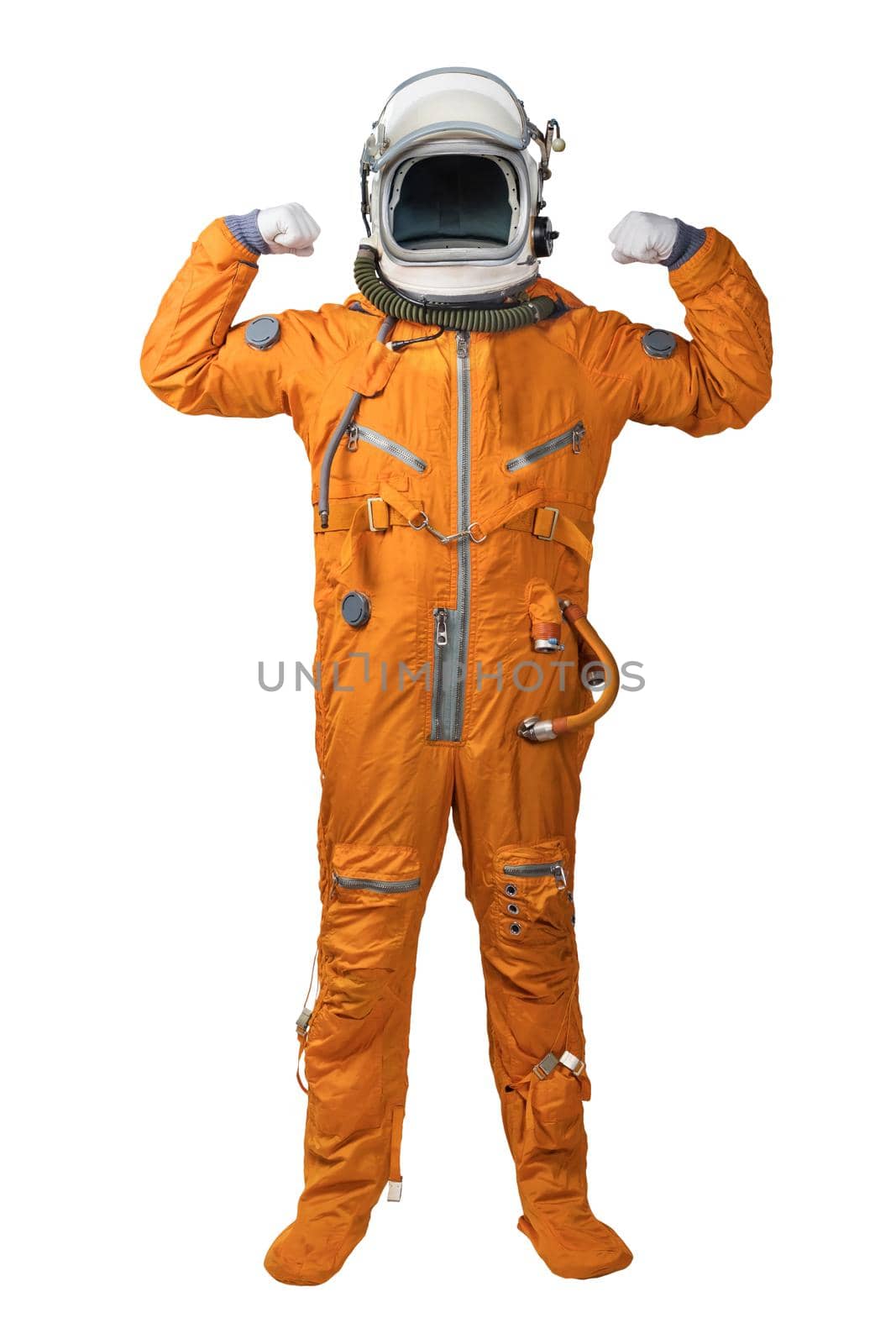 Astronaut wearing orange spacesuit and helmet showing biceps gesture isolated on white background. Unrecognizable cosmonaut with raised hands showing biceps isolated on white background