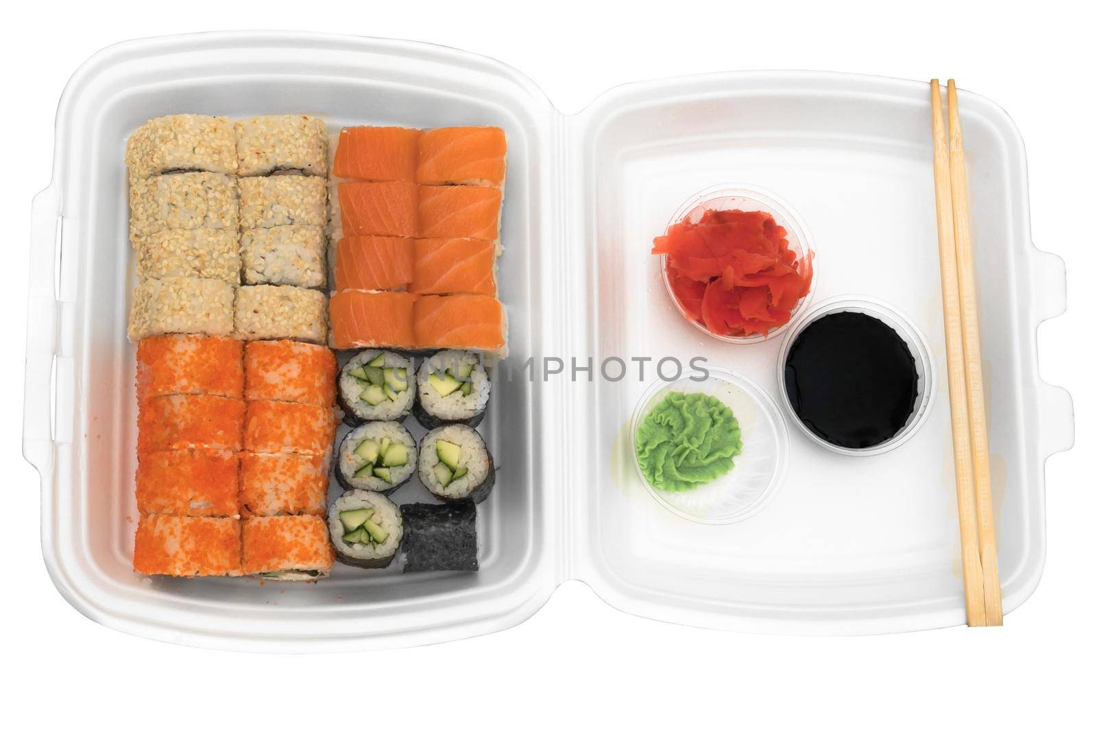 Four sets of rolls in a disposable dish, on a white background