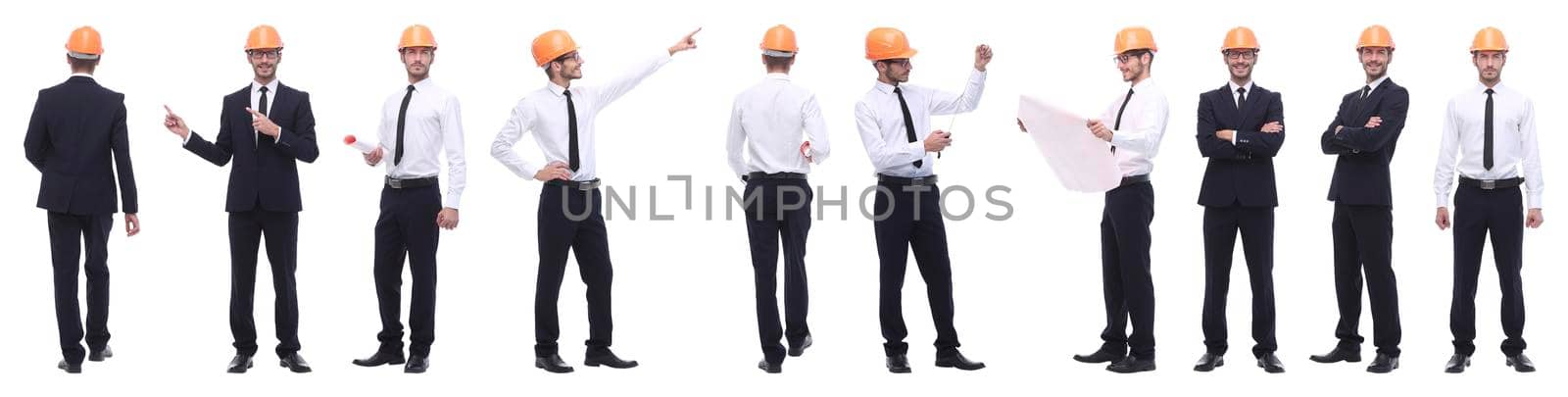 panoramic photo collage of confident architect isolated on white background