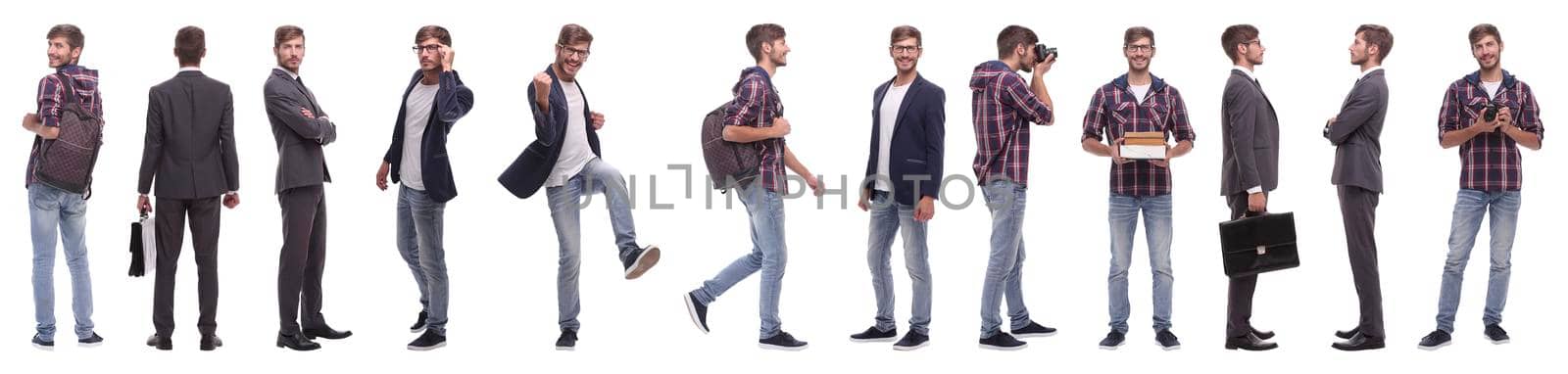 panoramic collage of a promising young man .isolated on white background